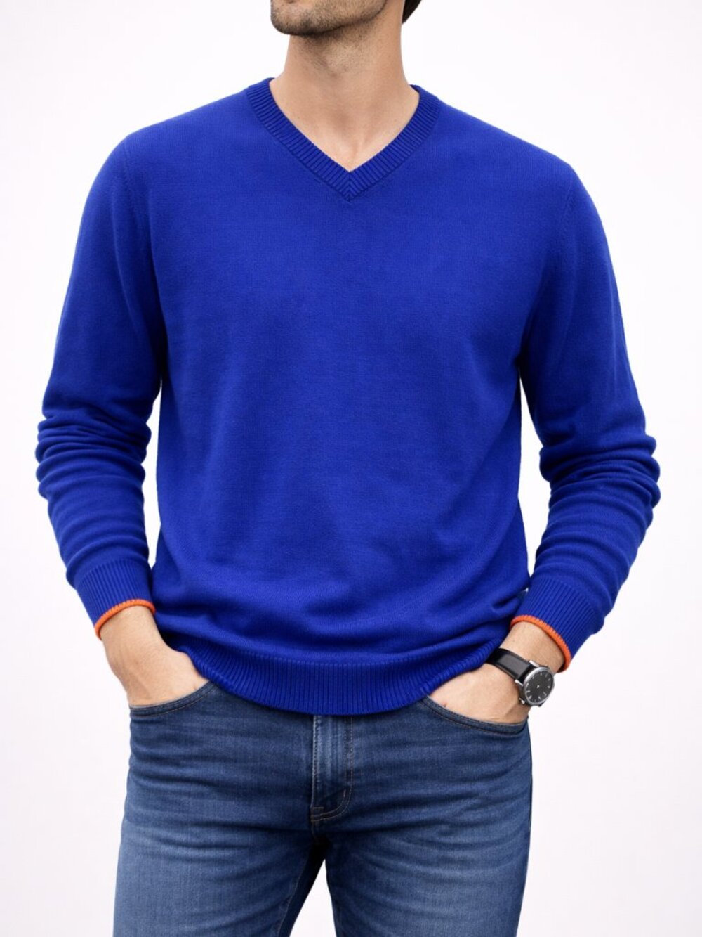 Codice V-Neck Merino Wool Blend V-neck Sweater Men L Royal Blue Preppy Luxury